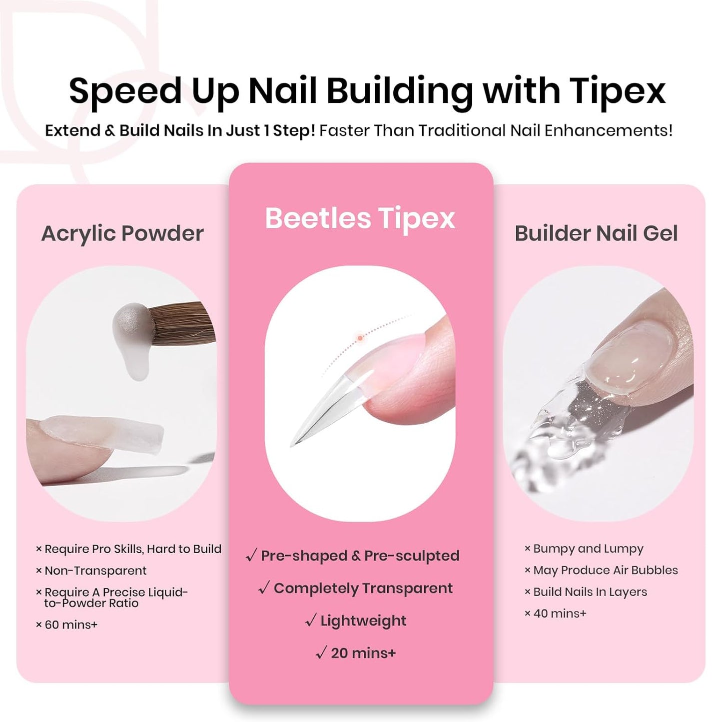 Beetles Tipex Instant Apex Nail Tips Kit Halloween Nails, Medium Stiletto, 224 Pcs 16 Sizes Pre-Building Pre-Etched False Nail Tips with Tipex Nail Glue, Mini Nail Lamp