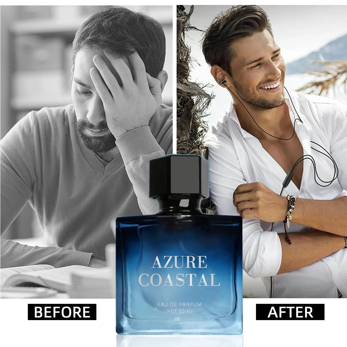 Azure Coastal Eau de Parfum for Man, Eau de Toilette Fragrance for Men, Long-Lasting Fragrance Perfum,1.76 oz, with Bergamot, Jasmine and Musk Notes
