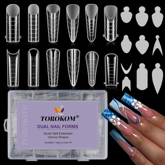 TOROKOM 288PCS Nail Dual Forms for French Nails, Dual Nail Forms Molds Acrylic Nail Tips, 144PCS Duet System Dual Forms Sticker Silicone Reusable Pads, 12 Styles Scale for Manicure Extension, Clear