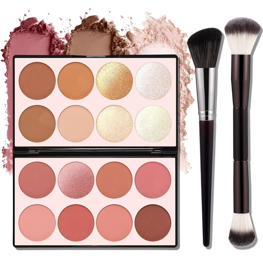 16 Color Contour Palette Makeup with 2 Brushes - Blush Highlighter Bronzer All-in-One Makeup Palette Contour Set - Face Cosmetics Gift, Holiday Beauty for Women (SET2)