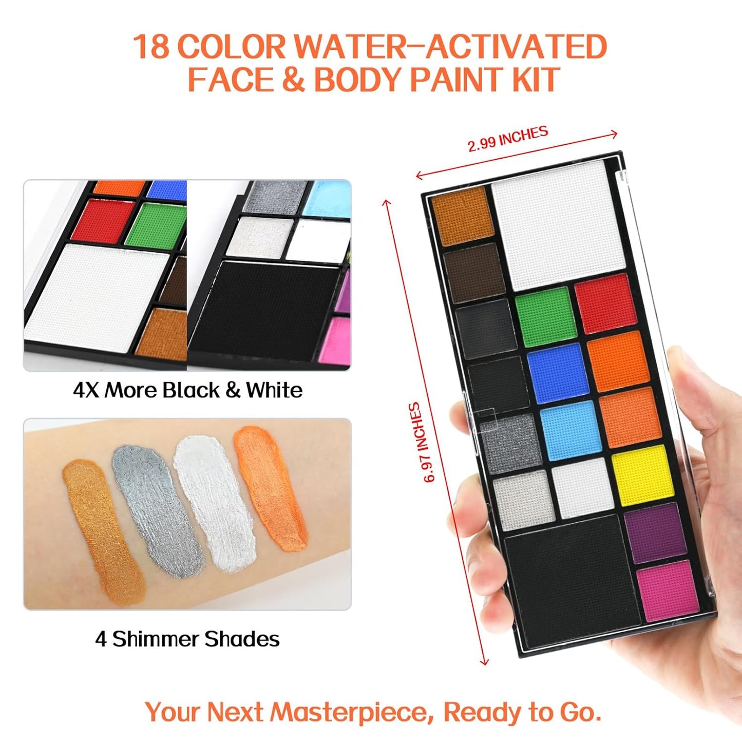 Face Paint Body Paint Kit for Kids Adults-Washable 18 Colors Face Painting Kit with 10 Brushes, Non-Toxic, Skin Safe, Water-Activated for Halloween Makeup Cosplay Costume Party