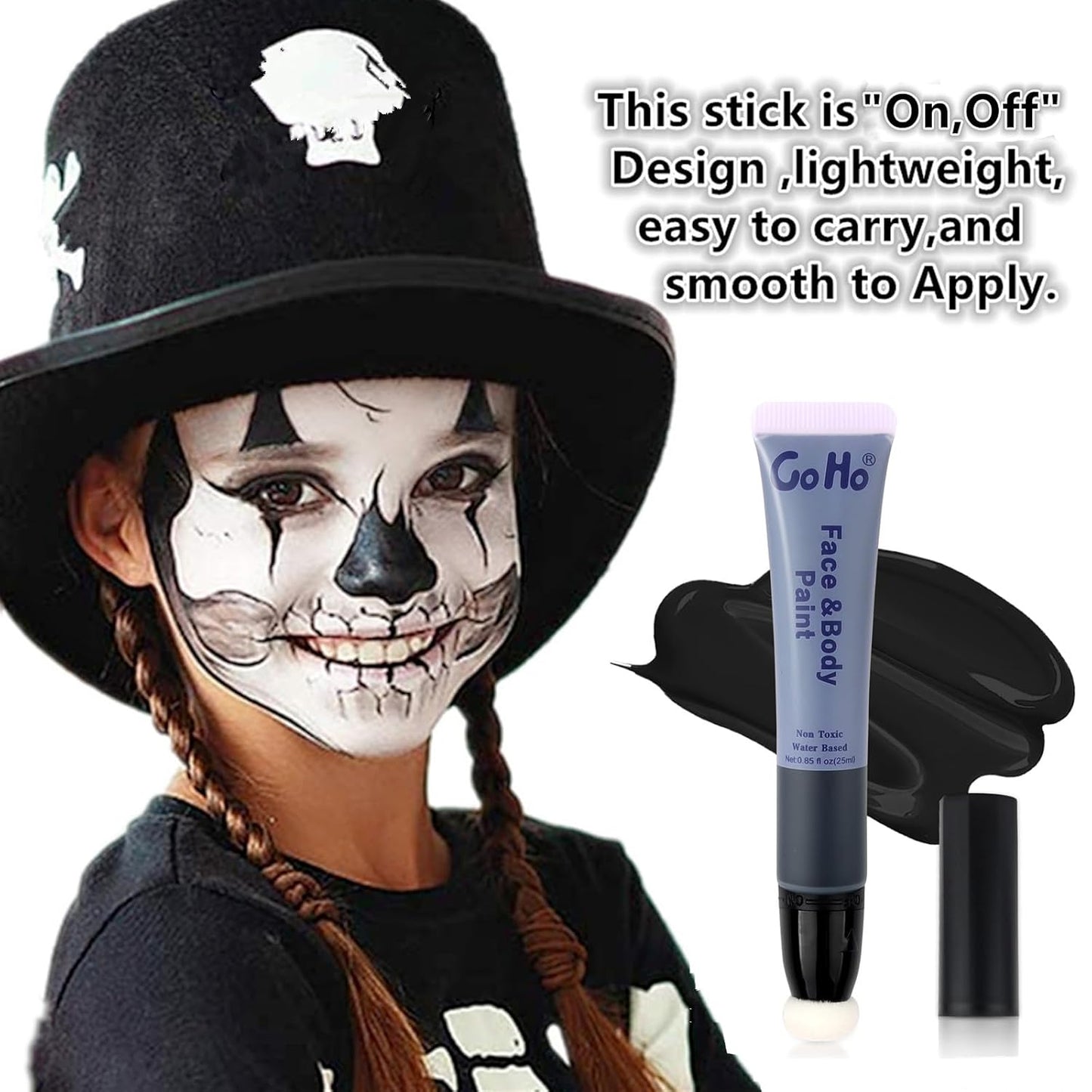Go Ho Black Face Paint Stick,Water Based Cream Black Body Paint Washable,Highly Pigmented,Smooth and Safe for Skin,Halloween Cosplay SFX Skeleton Zombie Goth Makeup