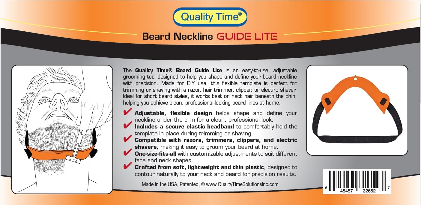 Quality Time Beard Neckline Guide Lite: Hands-Free, Flexible, Adjustable, Beard Template, Do-it-yourself Neck Haircut Tool, Beard Lineup Shaping Guard/Stencil, Patented.