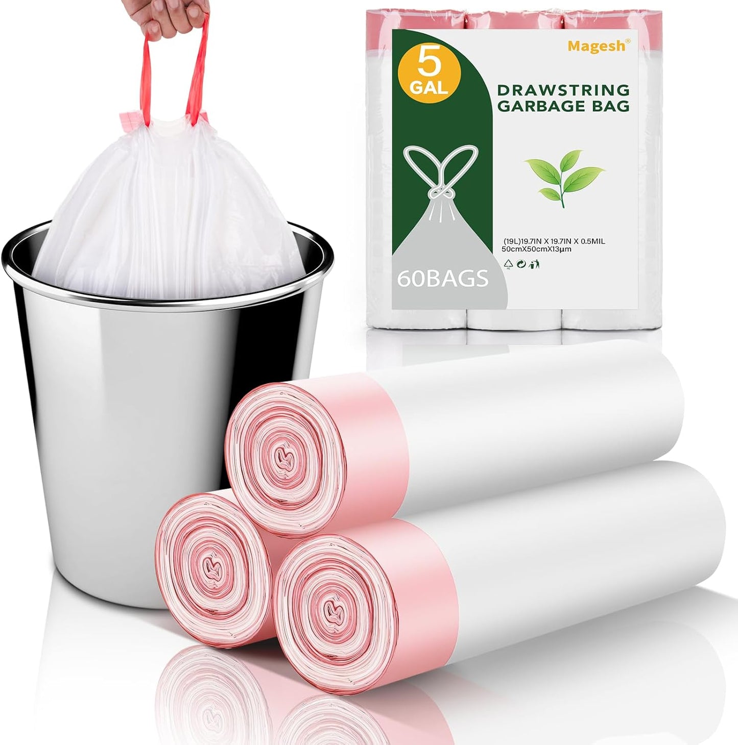 5 Gallon Trash Bags Drawstring White - 1.1 Mil Small Kitchen Garbage Bags 60 Count 18 Liter Recycling Unscented Wastebasket Plastic Bags Office Bathroom Liners Strong Thick Bulk Magesh