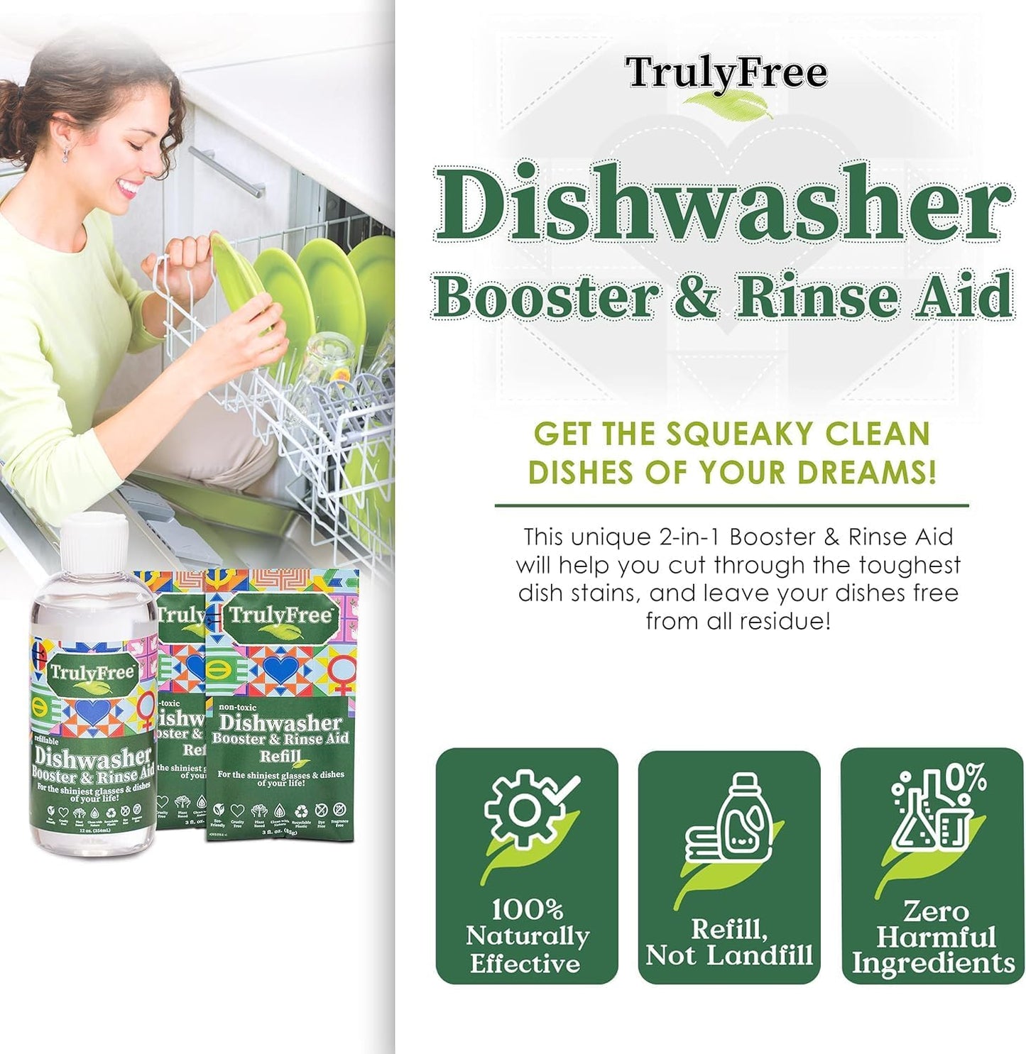 Truly Free Natural Dishwasher Booster & Rinse Aid - Non-Toxic Dishwashing Aid Formula, Removes Residue & Tough Dish Stains, Water Spot Remover - Pack of 3