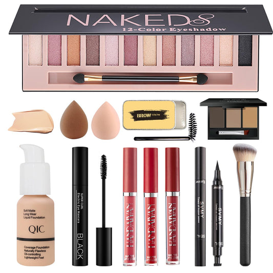 All in One Makeup Kit for Women Full Kit, Make Up Gift Set for Women Teens Girls, Includes 12 Colors Eyeshadow, Foundation, Lipstick, Mascara, Brush, Sponge, Brow Powder, Brow Soap, Eyeliner Stamp