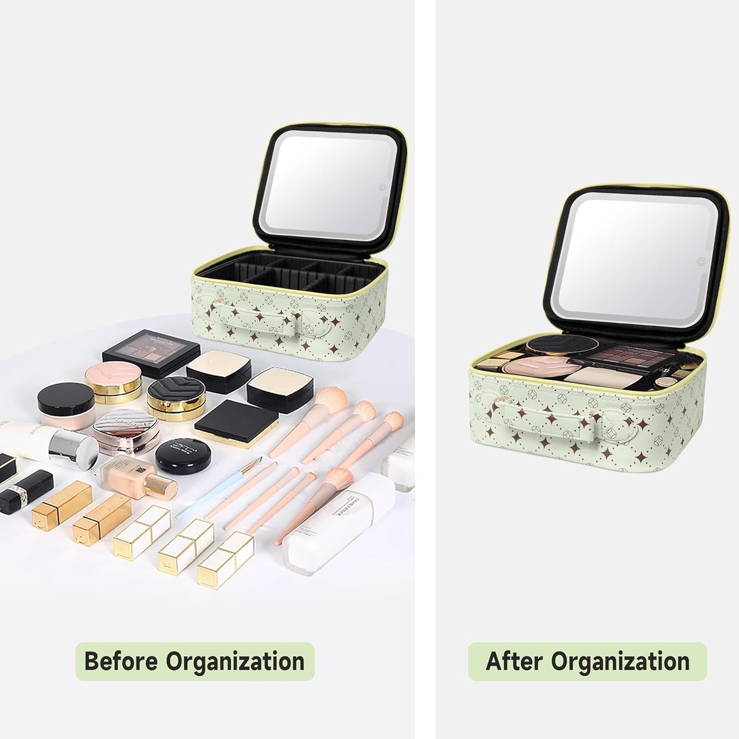 Travel Makeup Bag With 360° rotating LED Mirror,Waterproof cosmetic organizer,Portability Cosmetic case,Makeup organizer,Gift for Women,Girls Gift (Green+Yello)