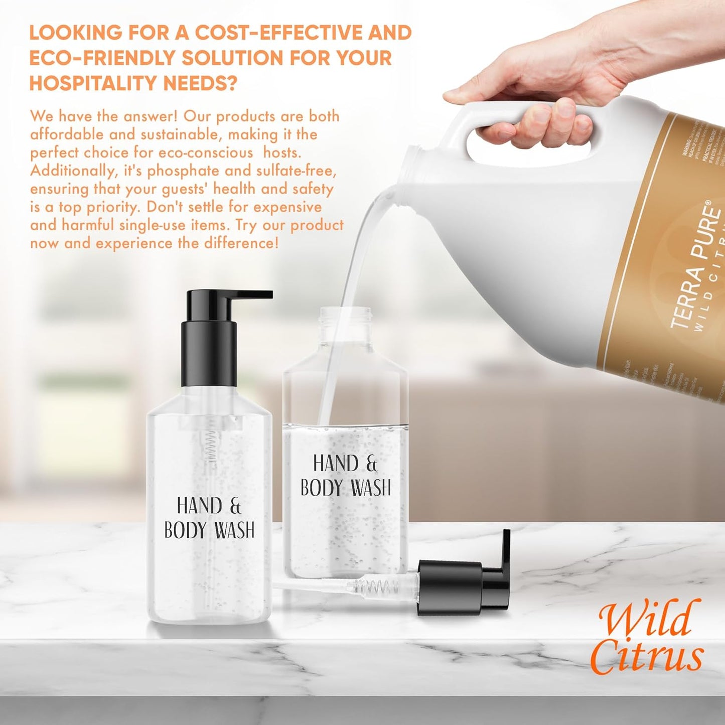 Terra Pure Wild Citrus Gallon Hand & Body Wash – Refill Jug for Hotels, Vacation Rentals, Guest Homes, Spas, Gyms | Bulk Liquid Soap Toiletries | No Color Added | For Sensitive Skin & Daily Use