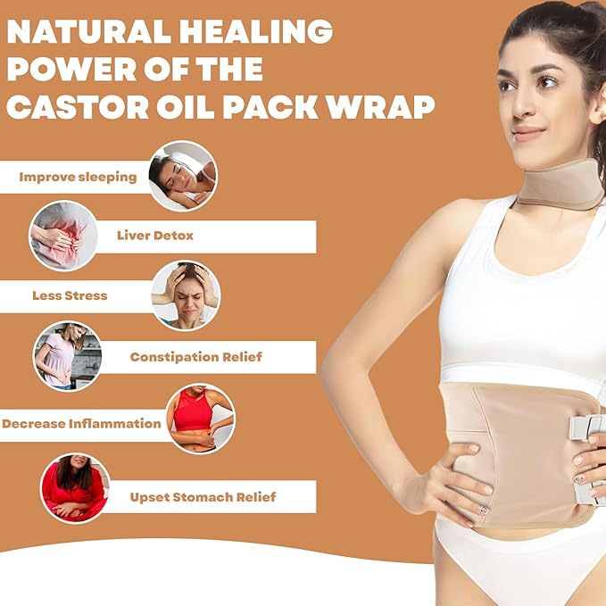 Castor Oil Pack Wrap Kit, 4 Pcs Organic Cotton, Adjustable Strap for Neck, Waist, Chest, Knee, Reusable, Washable - Detox, Constipation, Inflammation (Khakhi)