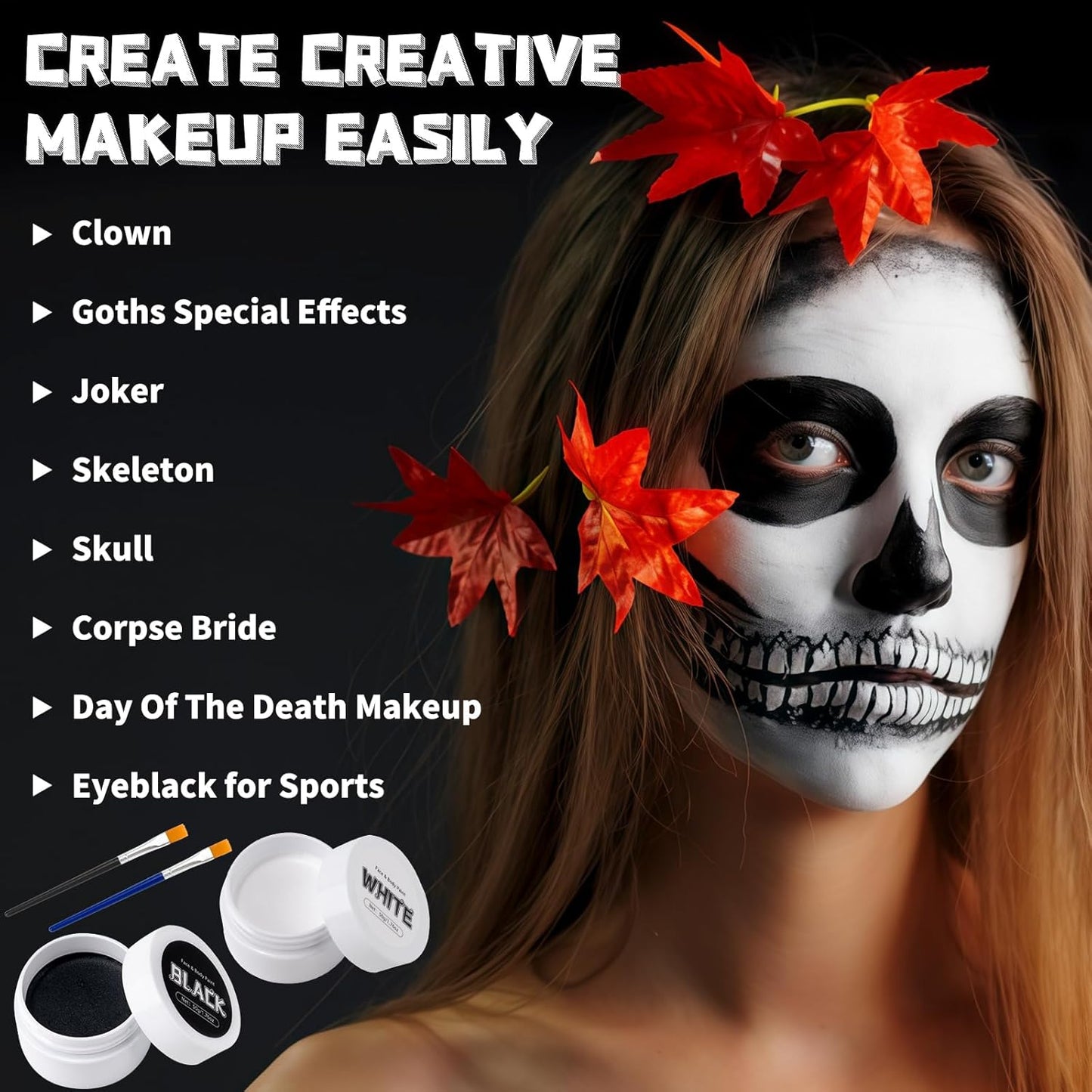 TonJin Black + White Face Body Paint Set 3.5oz/100g, Non-Toxic Professional Facepaint Makeup Kit with 2 Brushes for Kids & Adults Art Theater Halloween Party Cosplay Clown Corpse Goth SFX Makeup