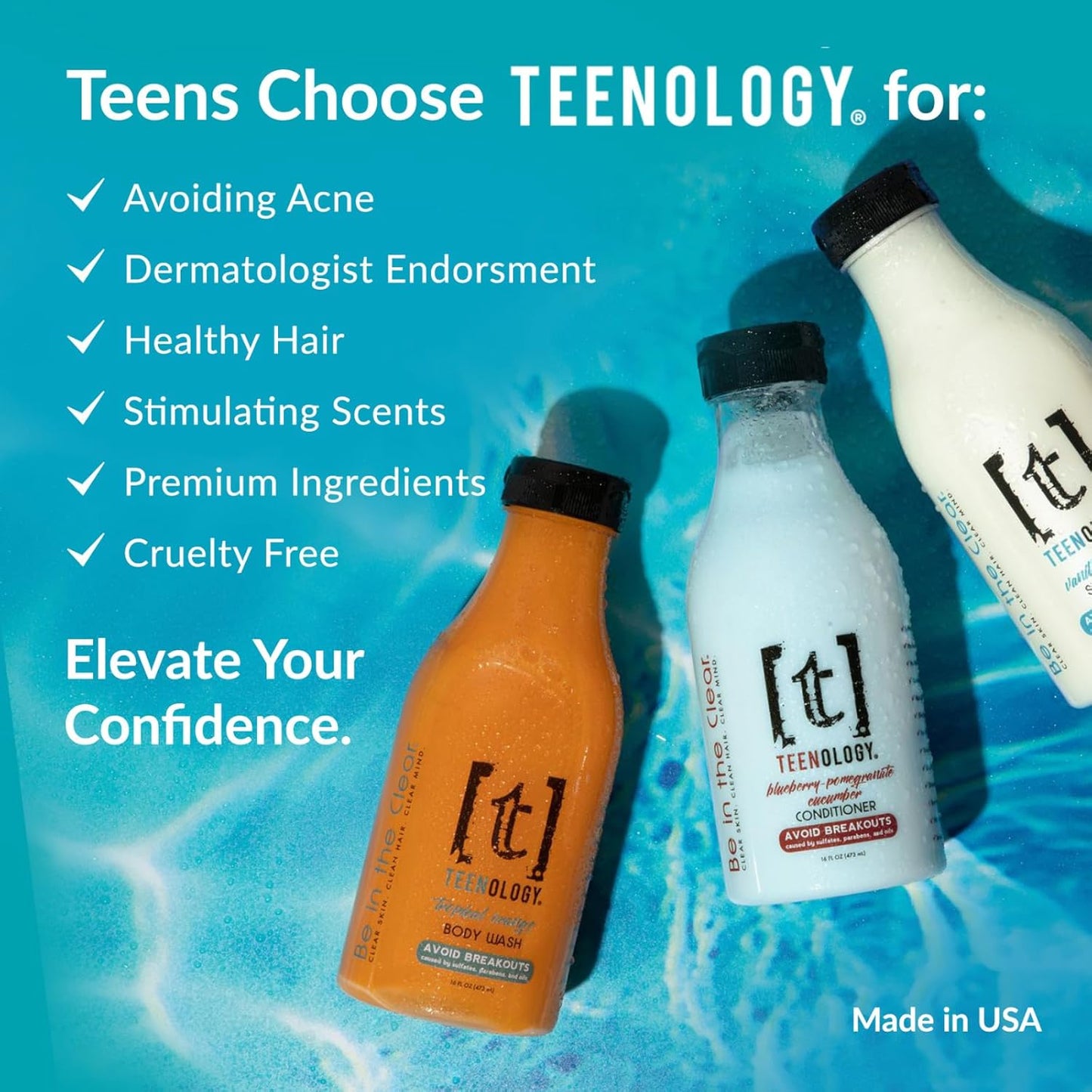 Teenology Shampoo for Teens - Avoid Forehead and Body Breakouts - No Sulfates or Parabens, Noncomedogenic, Natural Botanical Extracts, 16 oz. (Blueberry Pomegranate Cucumber)