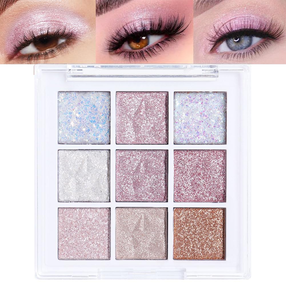 Glitter Shimmer Eye Shadow Palette Makeup,Pink White Purple Sparkle Warm Pastel 9 Colors Eye Shadow Palette,Nude White Eyeshadow Palette Colorful Long Lasting Waterproof Naturing-Looking