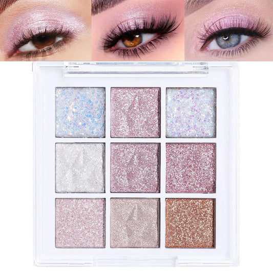 Glitter Shimmer Eye Shadow Palette Makeup,Pink White Purple Sparkle Warm Pastel 9 Colors Eye Shadow Palette,Nude White Eyeshadow Palette Colorful Long Lasting Waterproof Naturing-Looking