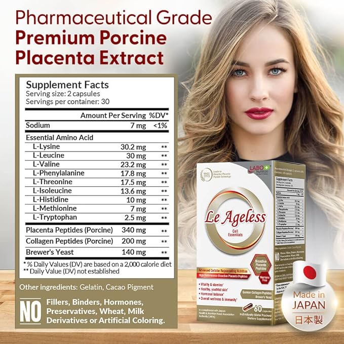 LABO Nutrition Le Ageless – Placenta Cell Rejuvenating Therapy from Japan – Enhanced with Collagen Peptide and Brewer’s Yeast to Supports Immune Health, Skin Regeneration, Anti-Aging – 60 Capsules