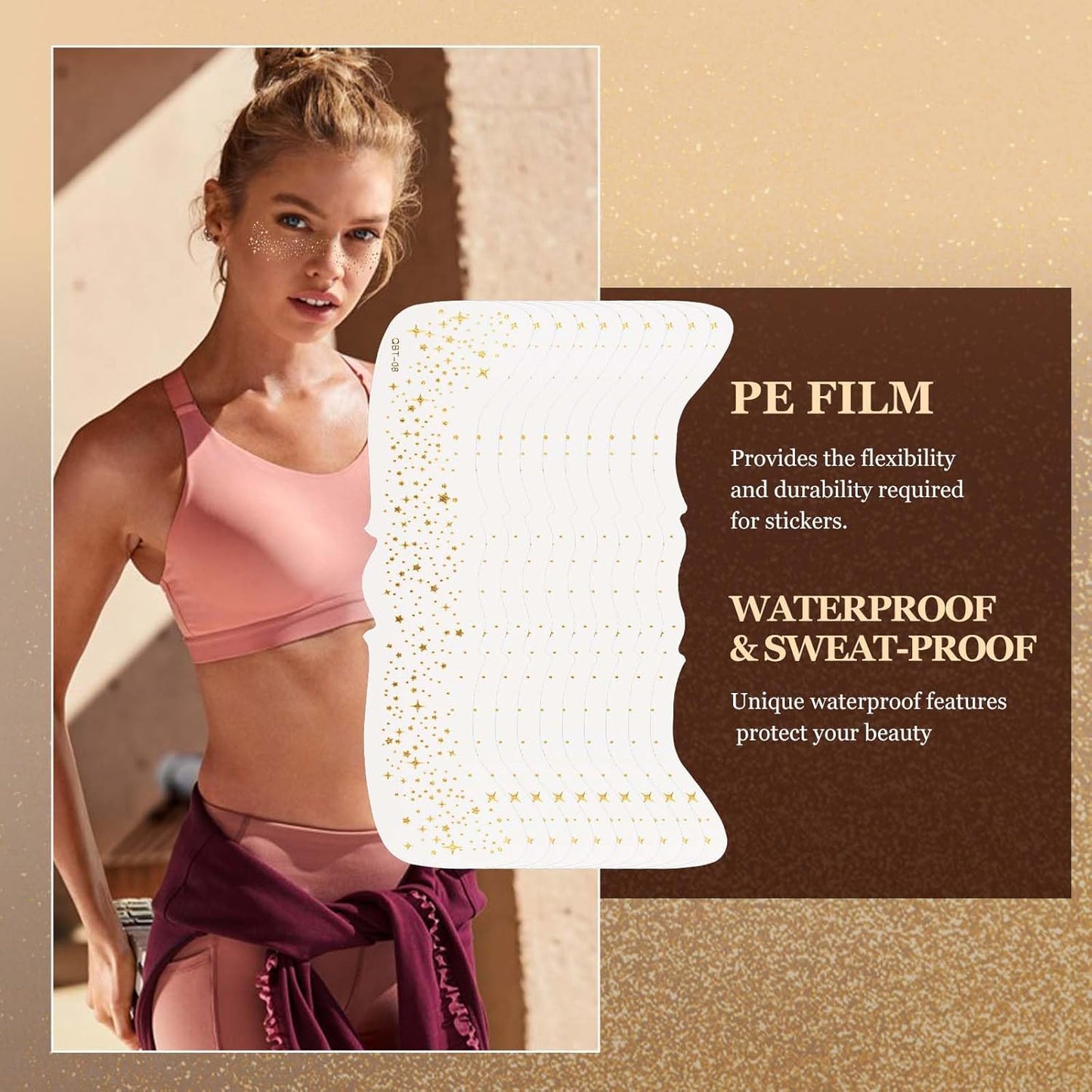 10 Pcs Glitter Freckles Face Tattoo, Face Glitter Makeup Patches, Waterproof Sparkle Freckles Tattoo Fairy Makeup Accessories For Women (Gold)