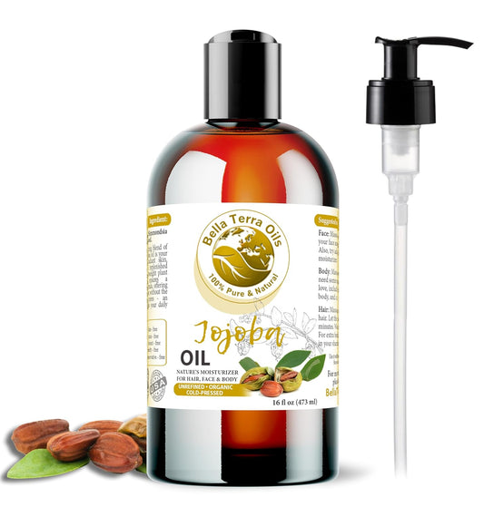 Bella Terra Oils - Organic Jojoba Oil 16oz - Unveiling Organic Jojoba's Beauty Secrets, Saturated with Vitamin B5 & Folic Acid, The Gold Standard of Body Oil Moisturizers