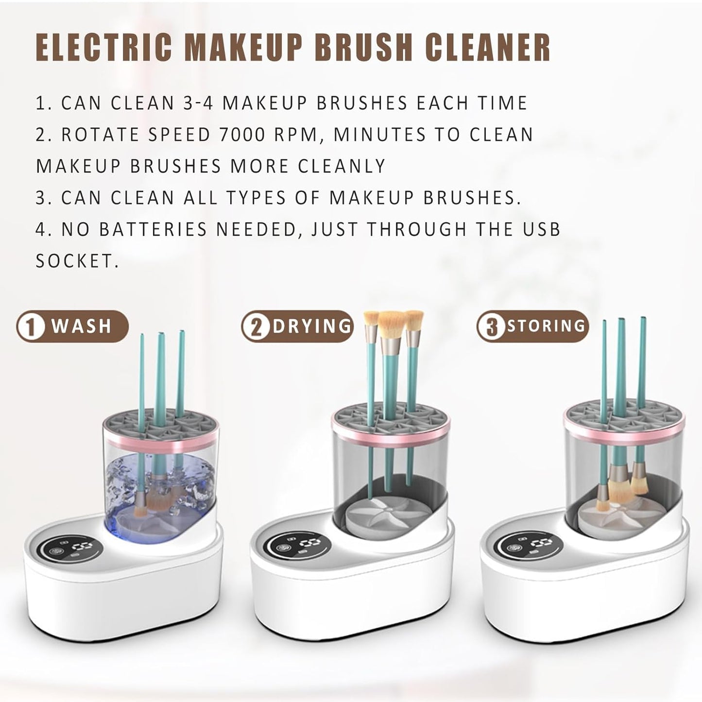 3 IN 1 Electric Makeup Brush Cleaner, Electric Cleaning and Quick Drying Makeup Brushes for Lazy Families, Automatic Makeup Brush Cleaning Tool with Drying Function for Makeup Brushes