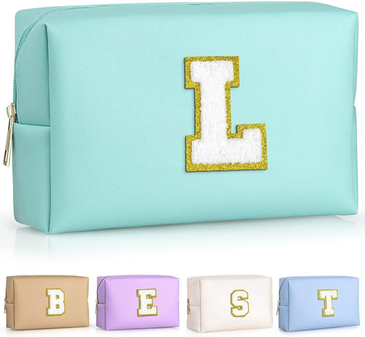 TOPEAST Personalized Birthday Gifts for Women, Preppy Patch Makeup Bag, Chenille Letter Pouch Cosmetic Bag, Travel Organizer, Birthday Gifts for Friends, Cute Stuff (Blue L)