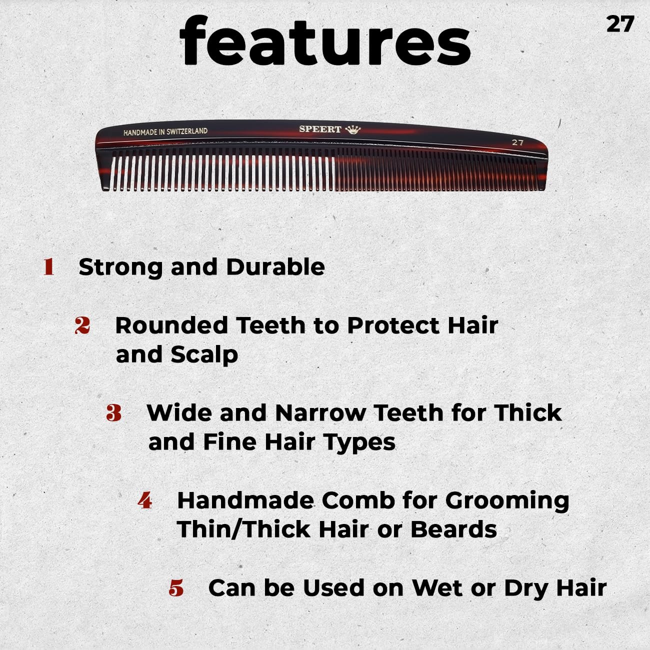 #27 Handmade Wide Narrow Tooth Comb Tortoise Havana Acetate Thick Coarse Curly Thin Fine Straight Hair Detangling Parting Grooming Teasing Hair Styling Hairdresser Barber Hairdressing Wet Dry