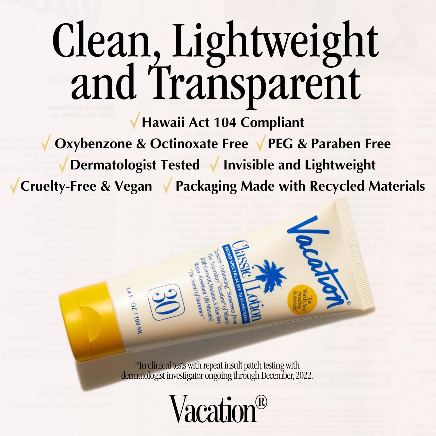 Vacation Classic Sunscreen Lotion SPF 30 & Air Freshener Bundle, Water-Resistant, Lightweight, Transparent on All Skin Tones, Dermatologist-Tested, Vegan, Travel Size, 3.4 Fl. Oz.