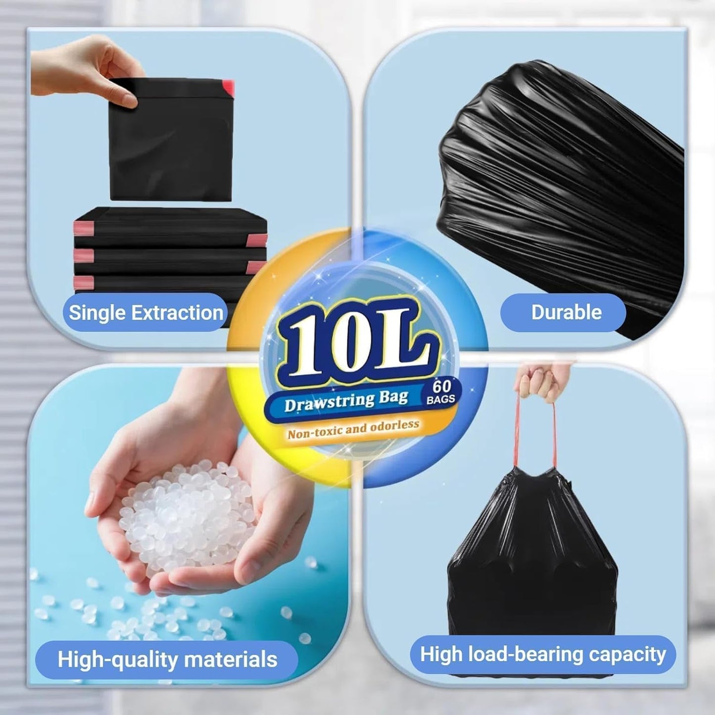 XUXRUS 2.6 Gallon Black Bathroom Drawstring Trash Bags - 60 Count Folded Small Garbage Bags, Tear-Resistant & Leak-Proof, Odor Control Liners for Bathroom, Kitchen, Office – Heavy Duty Trash Bags