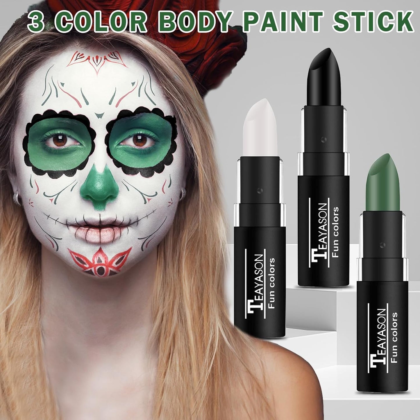 3 Colors Face Body Paint Sticks Professional Eye Black Football Baseball Softball,Highly Pigmented Halloween Facepaint Makeup Kit for Adults and Kids（White/Black/Green Eye Black Sticks）