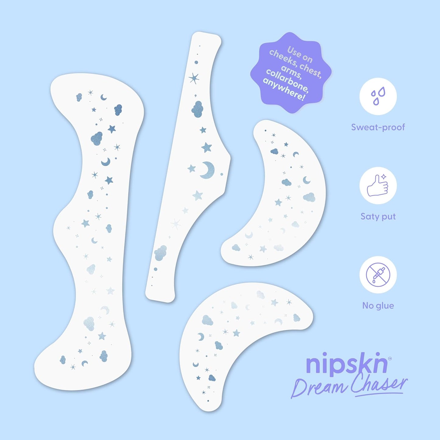 Nipskin Dream Chaser Stick-On Face & Body Art Patches – Metallic Sky Blue Moons, Clouds & Stars – Sweat-Proof, Soft on Skin – 4 Pieces