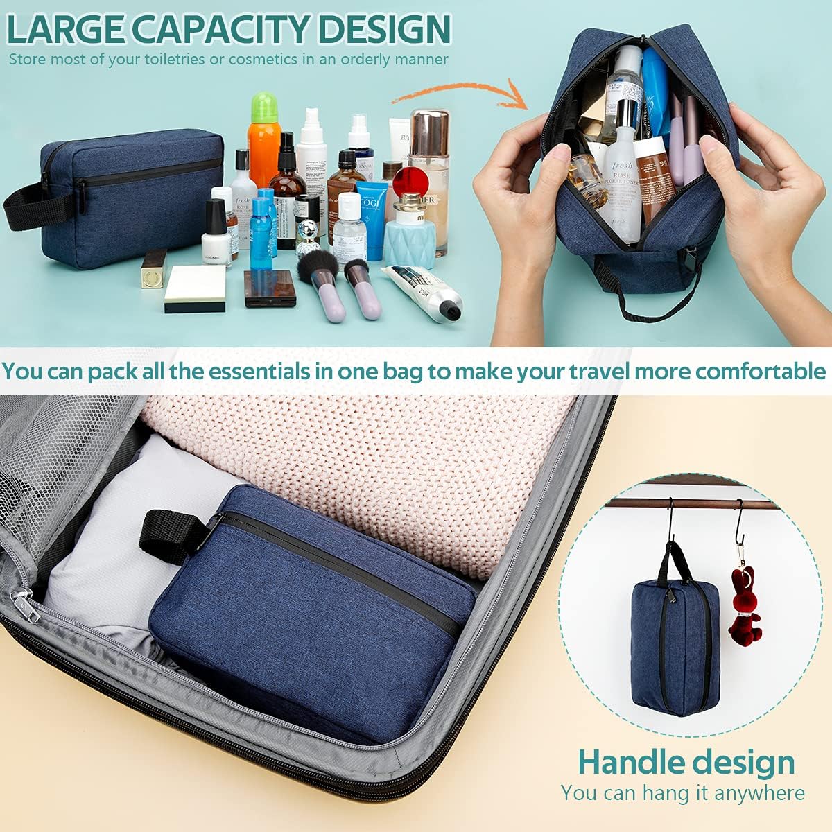 Travel Toiletry Bag for Women and Men, Water-resistant Shaving Bag for Toiletries Accessories, Foldable Storage Bags with Divider and Handle for Cosmetics Toiletries Brushes Tools