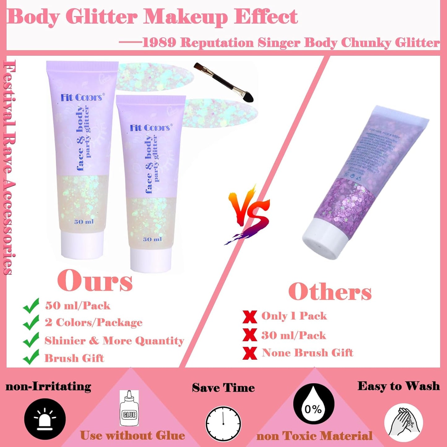 Body Glitter Face Glitter Gel: Singer Concerts Disco Festival Rave Accessories Face Glitter Makeup 150ml Chunky Sequins Mermaid Face Body Hair Glitter Gel (2 White)