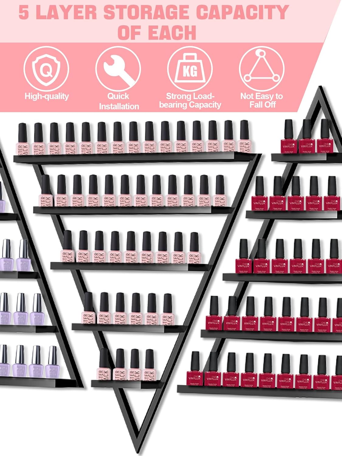 EBANKU 10PCS Nail Polish Racks 5 Tiers Nail Polish Shelf for Wall Triangular Display Rack Cosmetic Display Cases Lipstick Perfume Wall Shelf Essential Oil Organizers for Home Spa Nail Salon(Black)