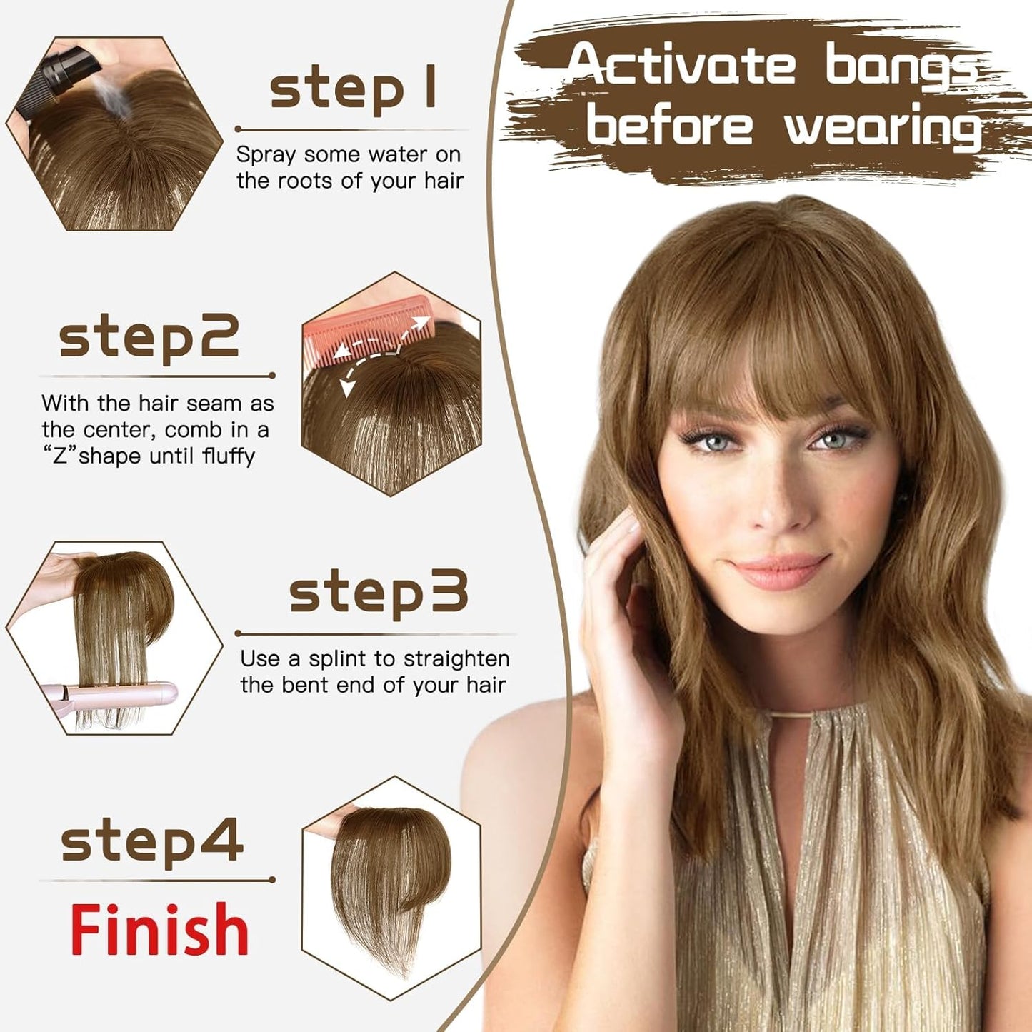 MORICA Bangs Hair Clip, 360° 3D Cover Clip in Bangs 100% Real Human Hair Toppers with Bangs，Hair pieces for Women Fake Bangs for Daily Wear (Light Brown, 5×7 3D Bangs)