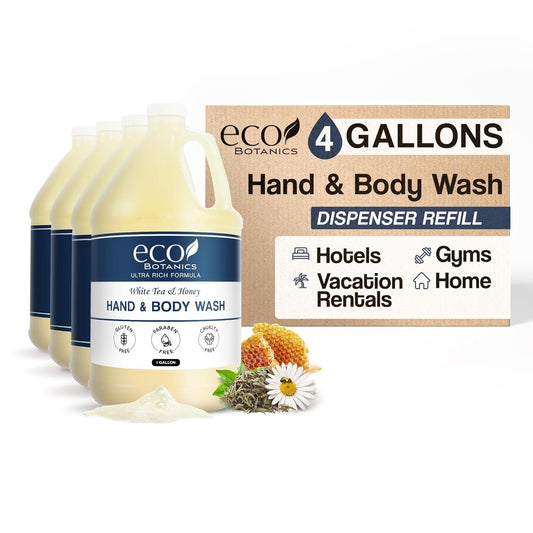 1-Shoppe Terra Pure Eco Botanics Natural Hand & Body Wash with Raw Honey & White Tea | Gallon Jug Bulk Toiletries for Airbnb, Vacation Rentals, and Home Bathroom| Refill For Soap Dispensers | Set Of 4