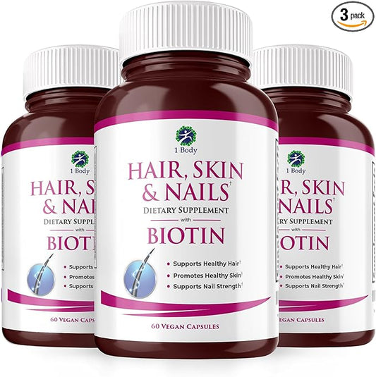 Hair, Skin and Nails Vitamin Supplement with Biotin, Each Bottle Contains 26 Essential Vitamins, 3 Bottle Pack, Growth Formula for Men and Women
