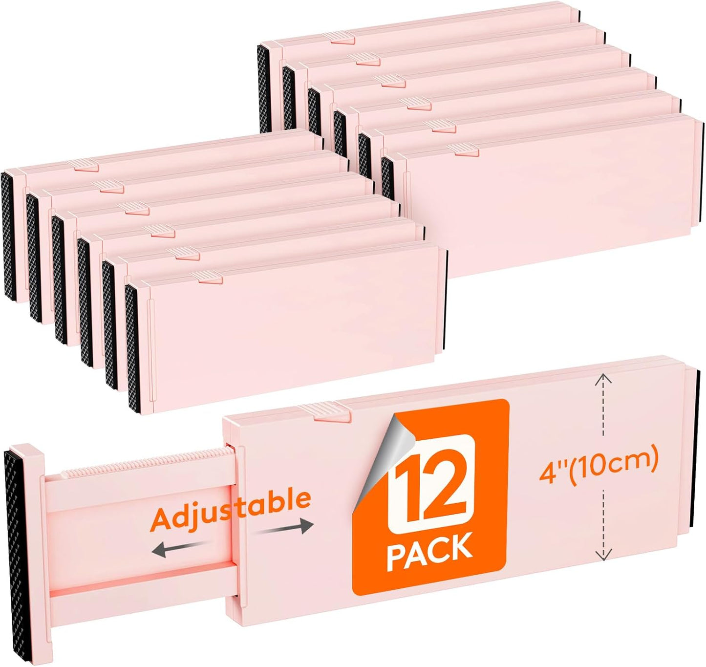 Lifewit 12 Pack Drawer Dividers Plastic 4" High, 11-17" Adjustable Drawer Organizers for Clothes, Expandable Dresser Separators in Bedroom/Bathroom/Kitchen/Office Organization and Storage, Pink