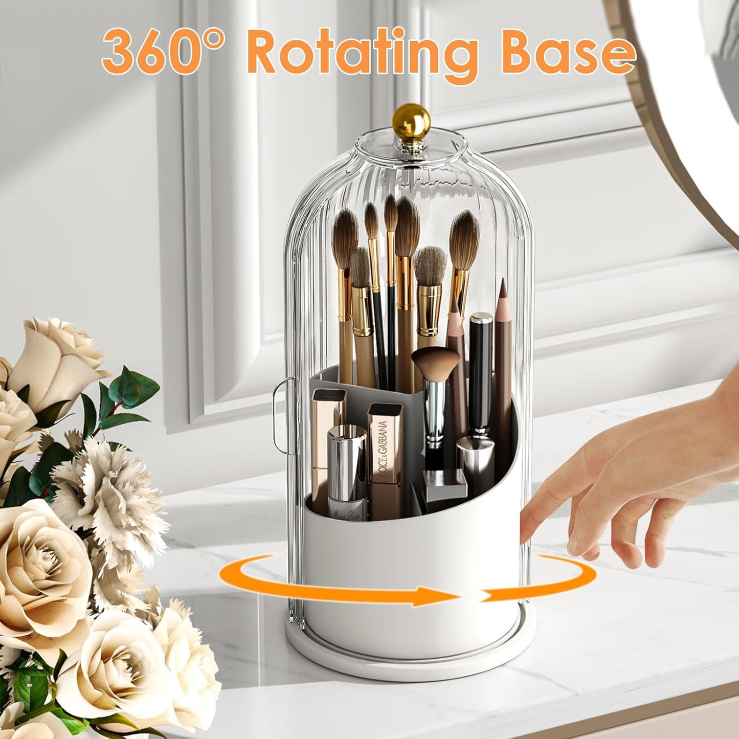 Makeup Brush Holder with Lid 360 Rotating Clear Dustproof Make Up Organizers for Vanity Bathroom Countertop, Transparent