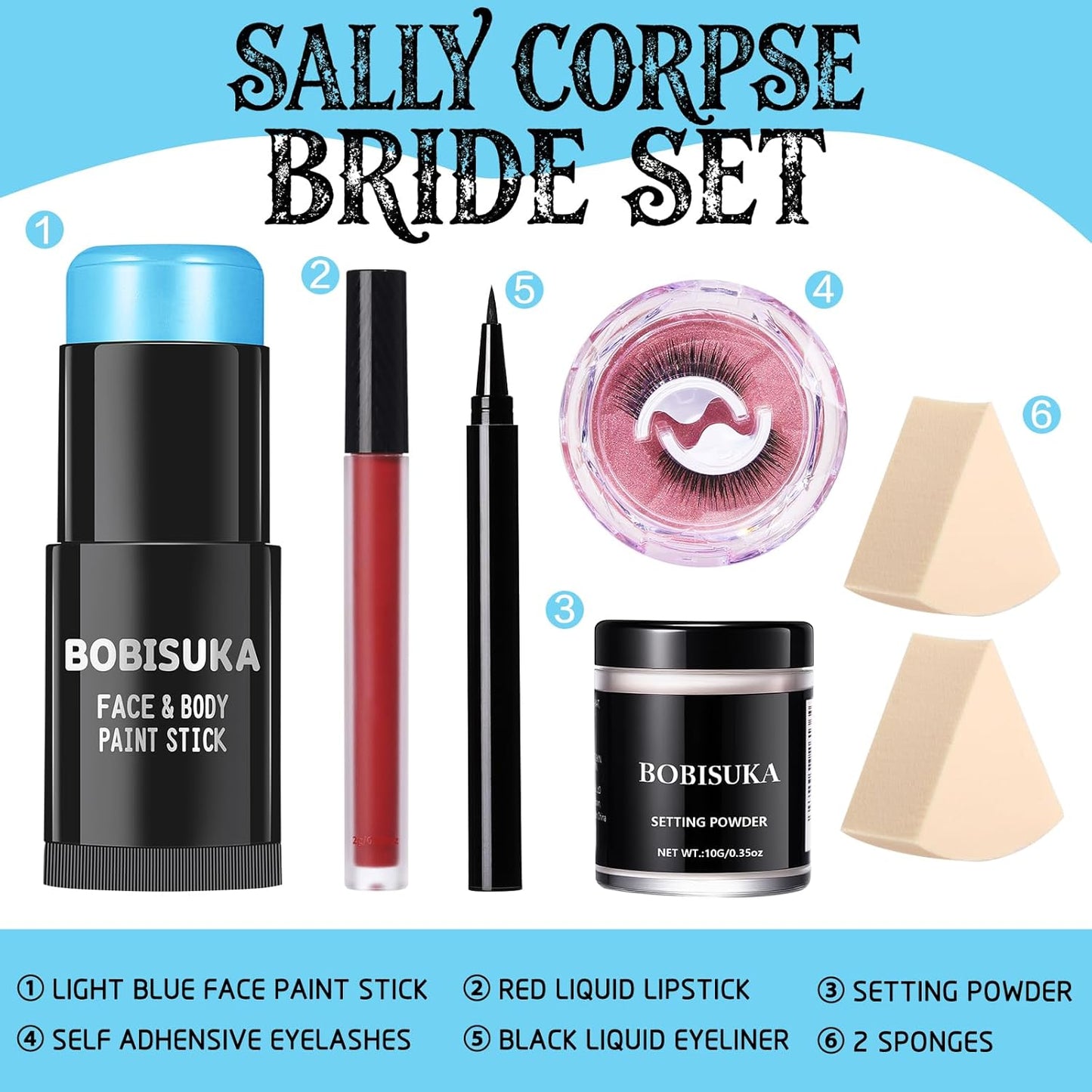 BOBISUKA Sally Halloween Makeup Kit- Light Blue Face Body Paint Stick with Red Lipstick, Black Eyeliner, Self-Adhesive Lashes, Setting Powder & Sponges Makeup Set For Avatar, Corpse Bride, Theme Party