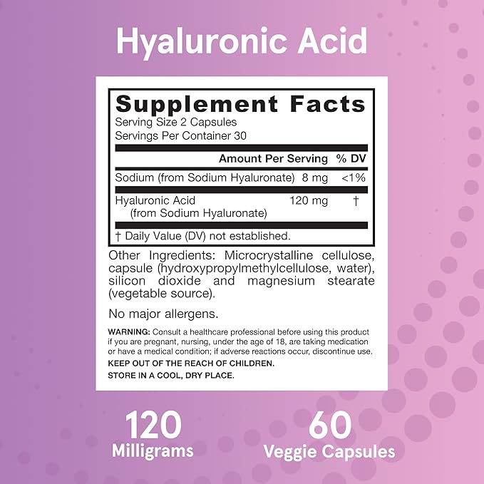 Jarrow Formulas Hyaluronic Acid 120 mg, Dietary Supplement, Skin Health Support, 60 Veggie Capsules, Up to 30 Day Supply