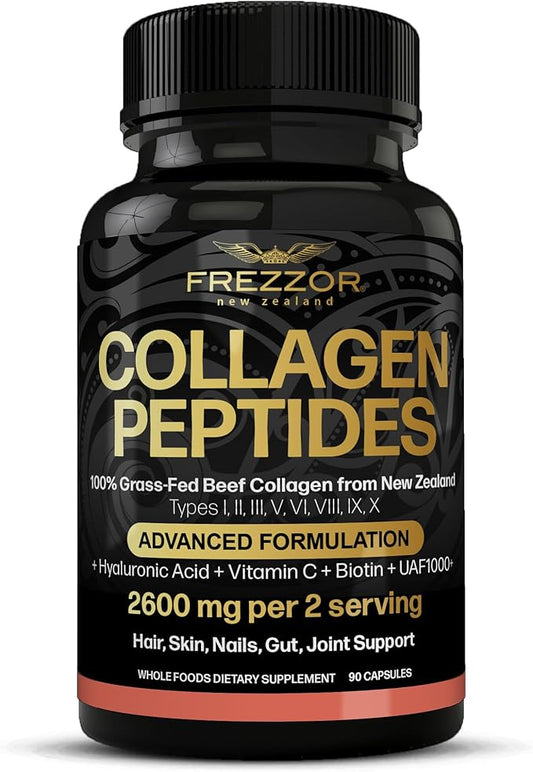 FREZZOR Collagen Peptides with UAF1000+, 100% Grass-Fed New Zealand Cattle Source, Hydrolyzed, Joint, Skin, Hair & Nail Support, Amino Acids, Anti-Aging, 90 Capsules, 1 Bottle