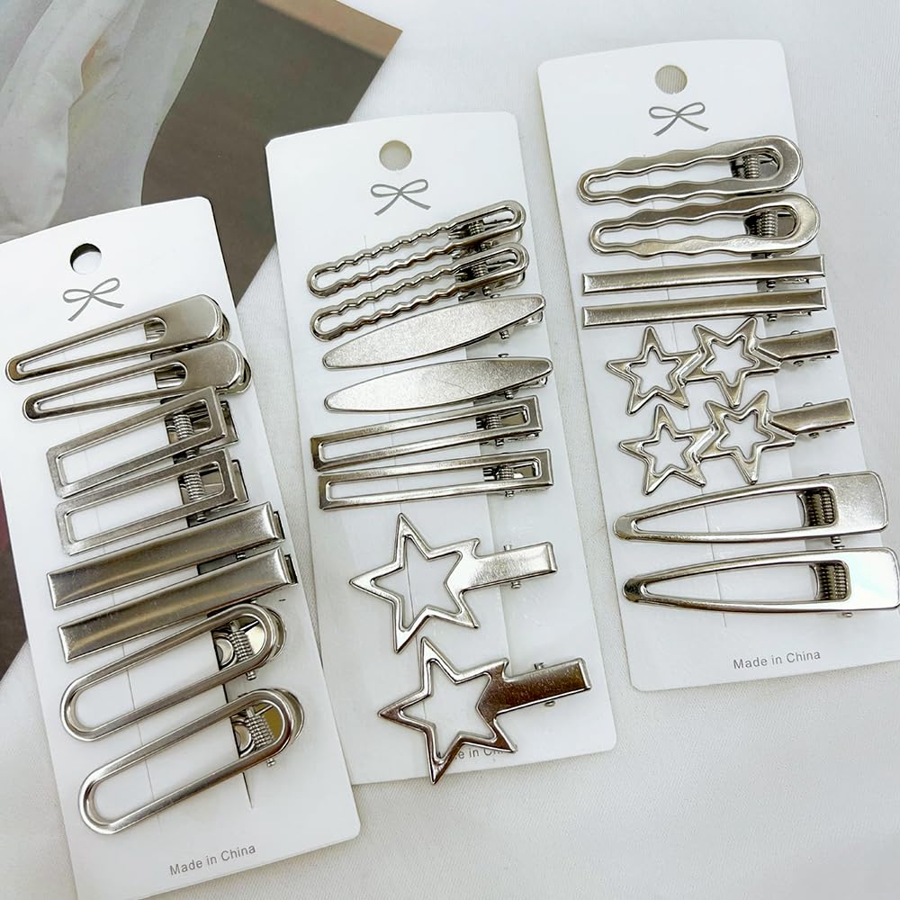 24pcs Silver Hair Clips for Women: 12 Pairs Metal Bangs Hair Clip Pins & Barrettes - Alligator Clips & Star Hairclips for Styling