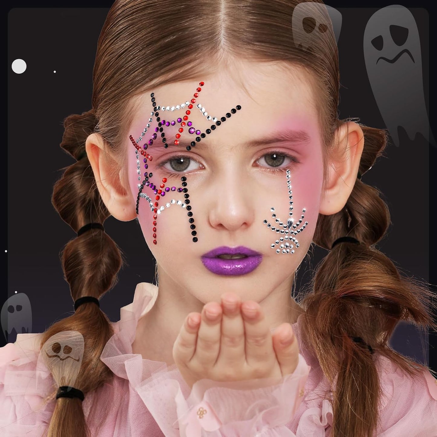 YGDZ Face Gems for Women, Halloween Face Jewels Stickers, 4 Color (Red, Black, Purple, Silver) Spider Web Rhinestones for Face Makeup, Rave Accessories