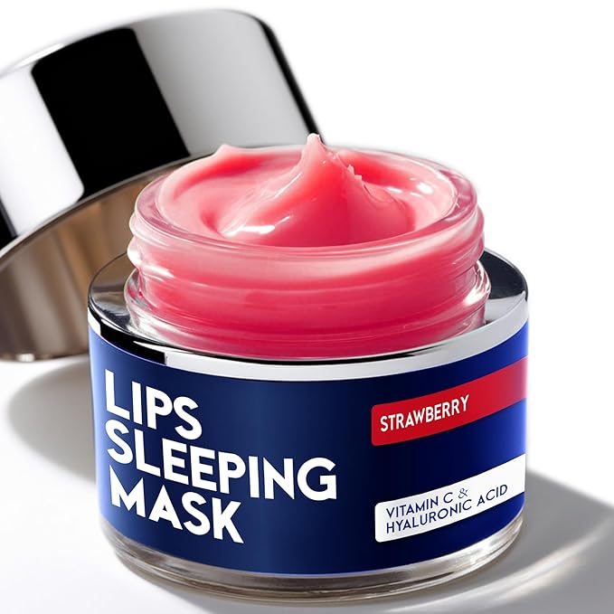Lip Mask Overnight with Hyaluronic Acid & Collagen, Lip Sleeping Mask for Dry Cracked Lips, Moisturizing, Hydrating, Exfoliating Night Treatment for Lip Care (Strawberry)