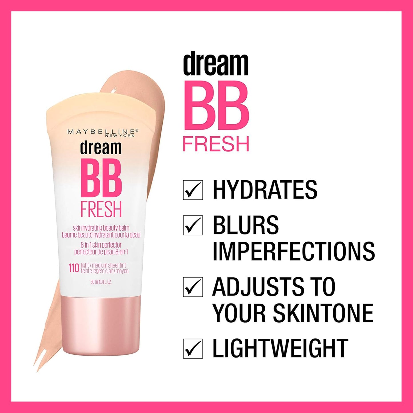 Maybelline Dream Fresh Skin Hydrating BB cream, 8-in-1 Skin Perfecting Beauty Balm with Broad Spectrum SPF 30, Sheer Tint Coverage, Oil-Free, Medium, 1 Fl Oz