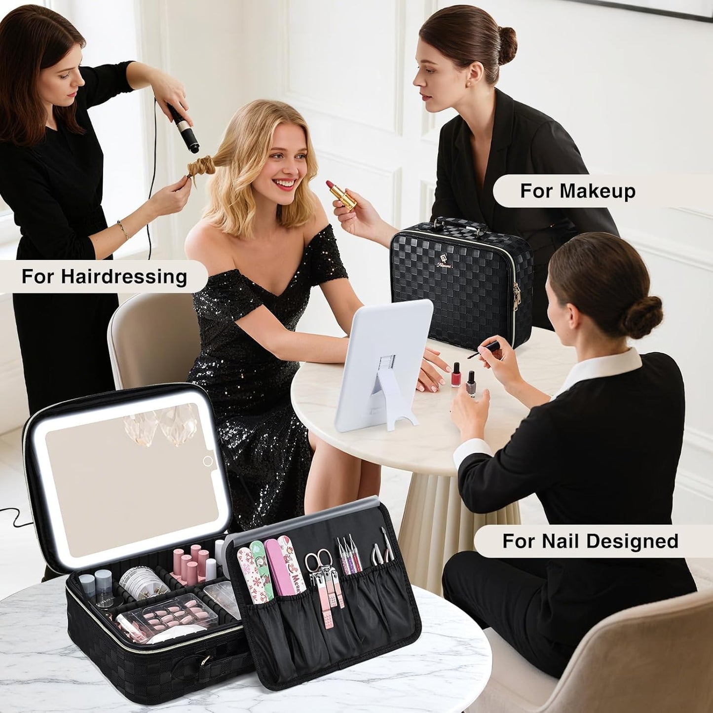 Makeup Bag with LED Lighted Mirror 12.2 IN Travel Makeup Bag Adjustable Brightness in 3 Colors Cosmetic Organizer Artist Storage Bag with Dividers Brush Holder Bag Vanity Black Checkerboard