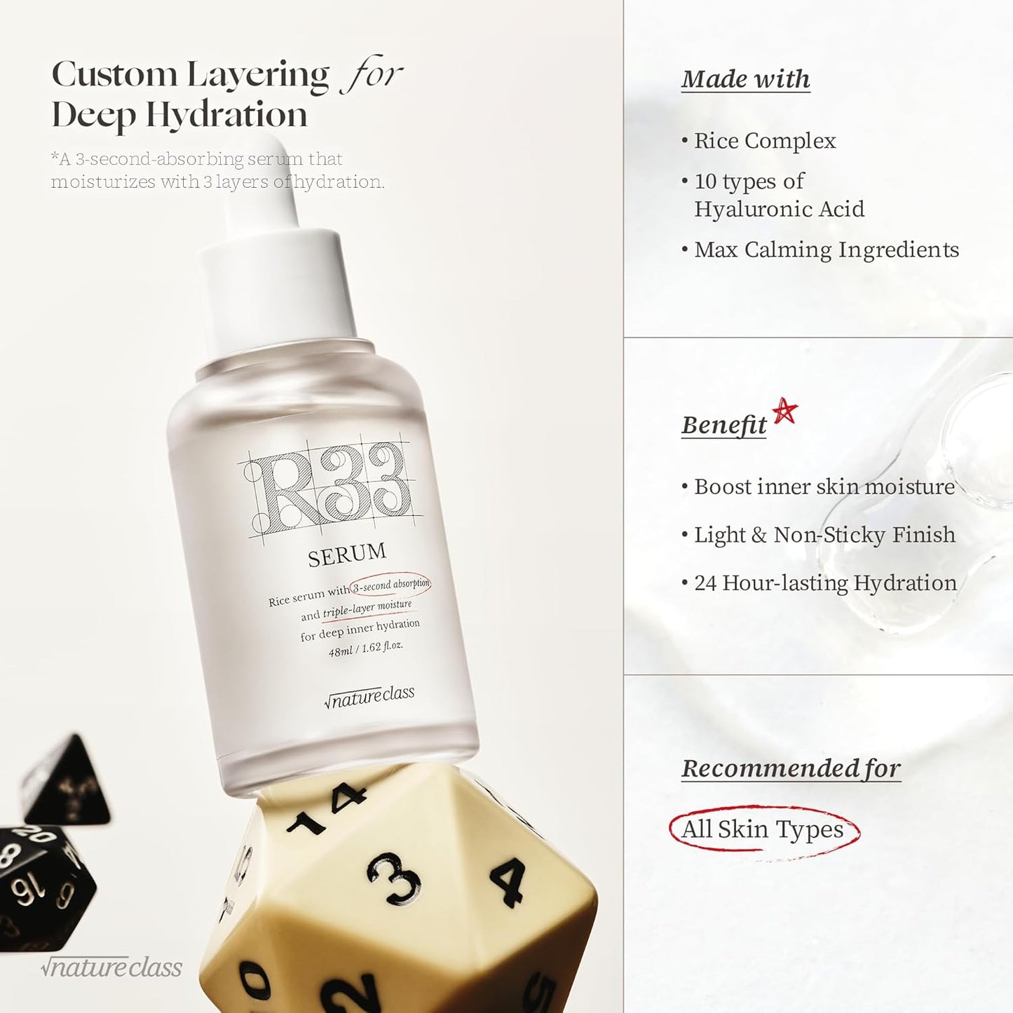 R33 Serum with Rice Complex & 10 Types of Hyaluronic Acid – Fast-Absorbing, Non-Sticky Hydrating Serum for 24-Hour Moisture, Calming, Korean Skincare (50ml / 1.69 fl.oz.)