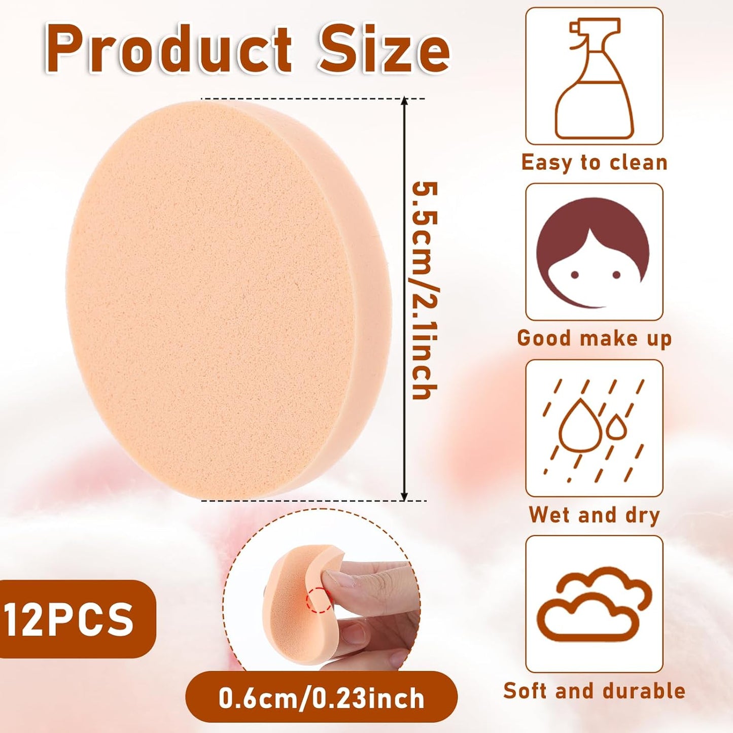 Jeffdad 12 Pcs Round Makeup Sponges, Facial Powder Puff Cosmetic Sponge Round Foam Pad Beauty Makeup Eye Foundation Powder Blender for All Skin Types Wet and Dry Dual Use(Skin color + white)