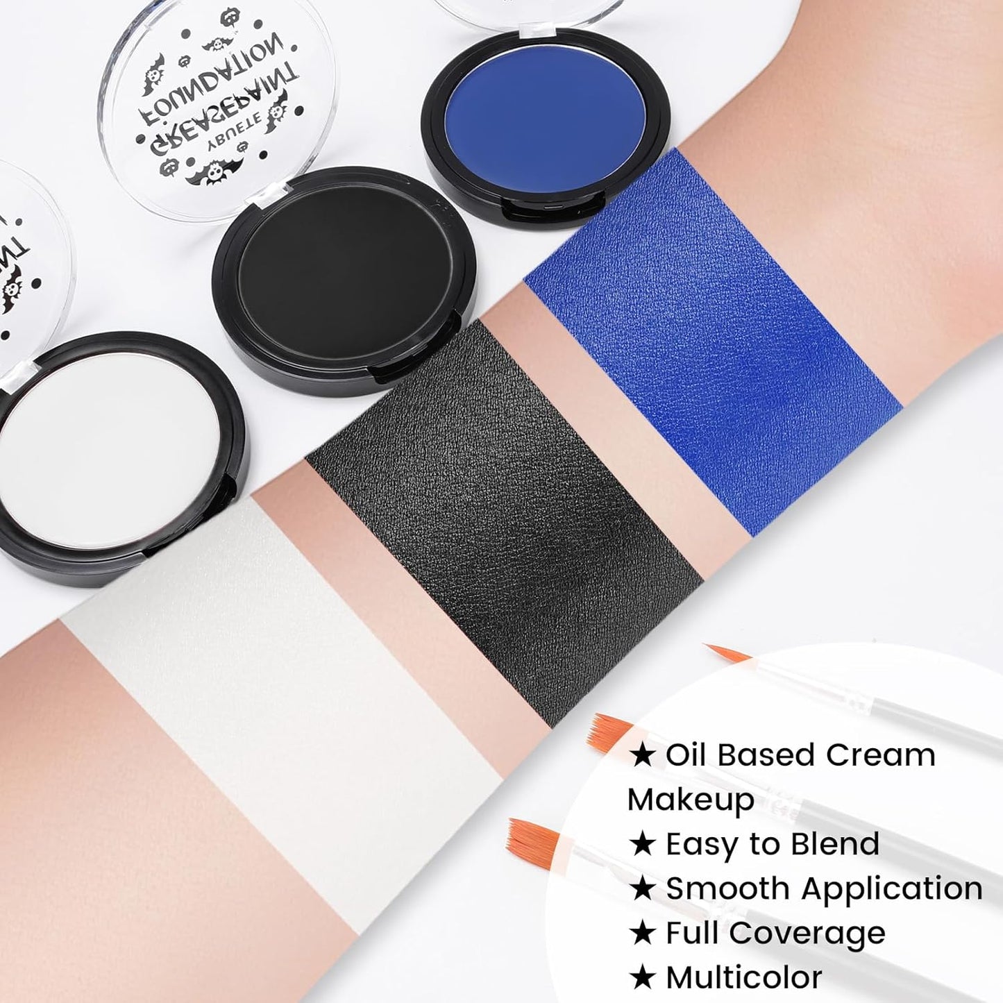 Blue Black White Oil Based Face Paint Kit with Painting Brushes, Professional Full Coverage Greasepaint for Adults Halloween Cosplay SFX Avatar Smurf Mermaid Makeup Stage Theater