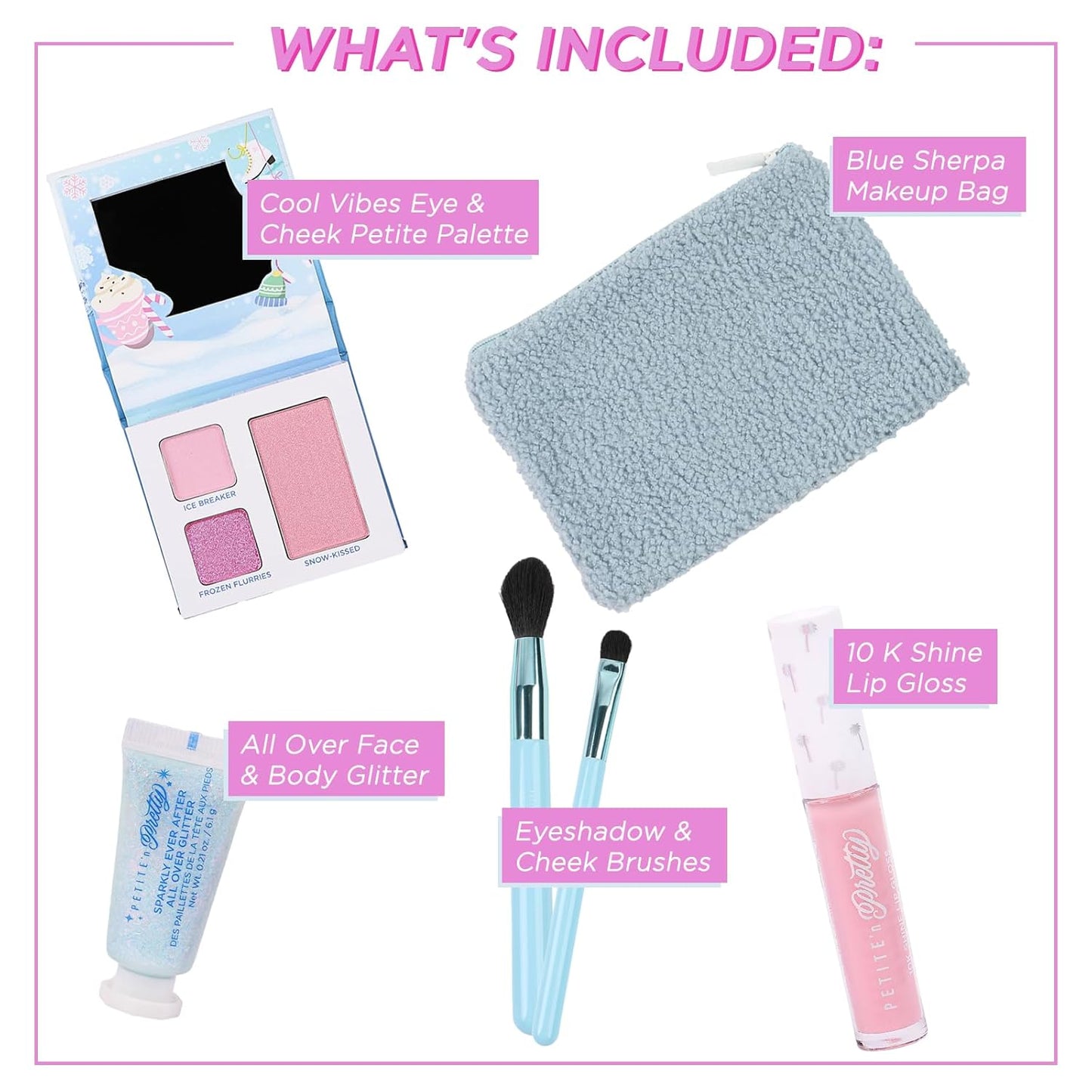 Petite 'n Pretty Sparkle Storm Makeup Gift Set for Kids, Tweens and Teens - Cool Vibes Eye & Cheek Palette, Brushes, 10K Shine Lip Gloss, Sparkly Ever After All Over Glitter in Blue Sherpa Bag