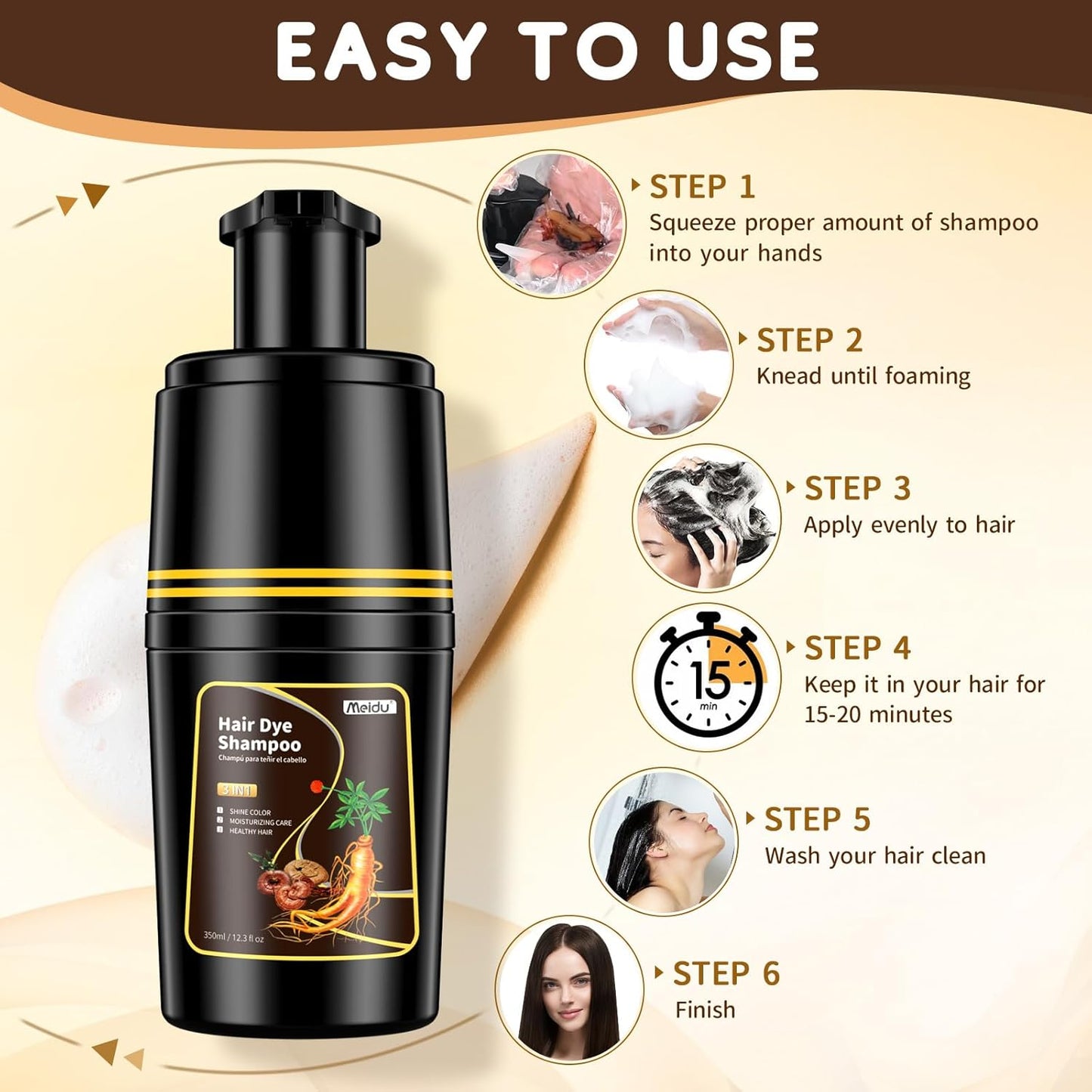 IIIMEIDU Dark Brown Hair dye Shampoo 3 in 1, Natural Hair Color Shampoo for Gray Hair, Shampoo Tinte Para el Cabello for Women and Men 100% Grey Hair Coverage, 350ml