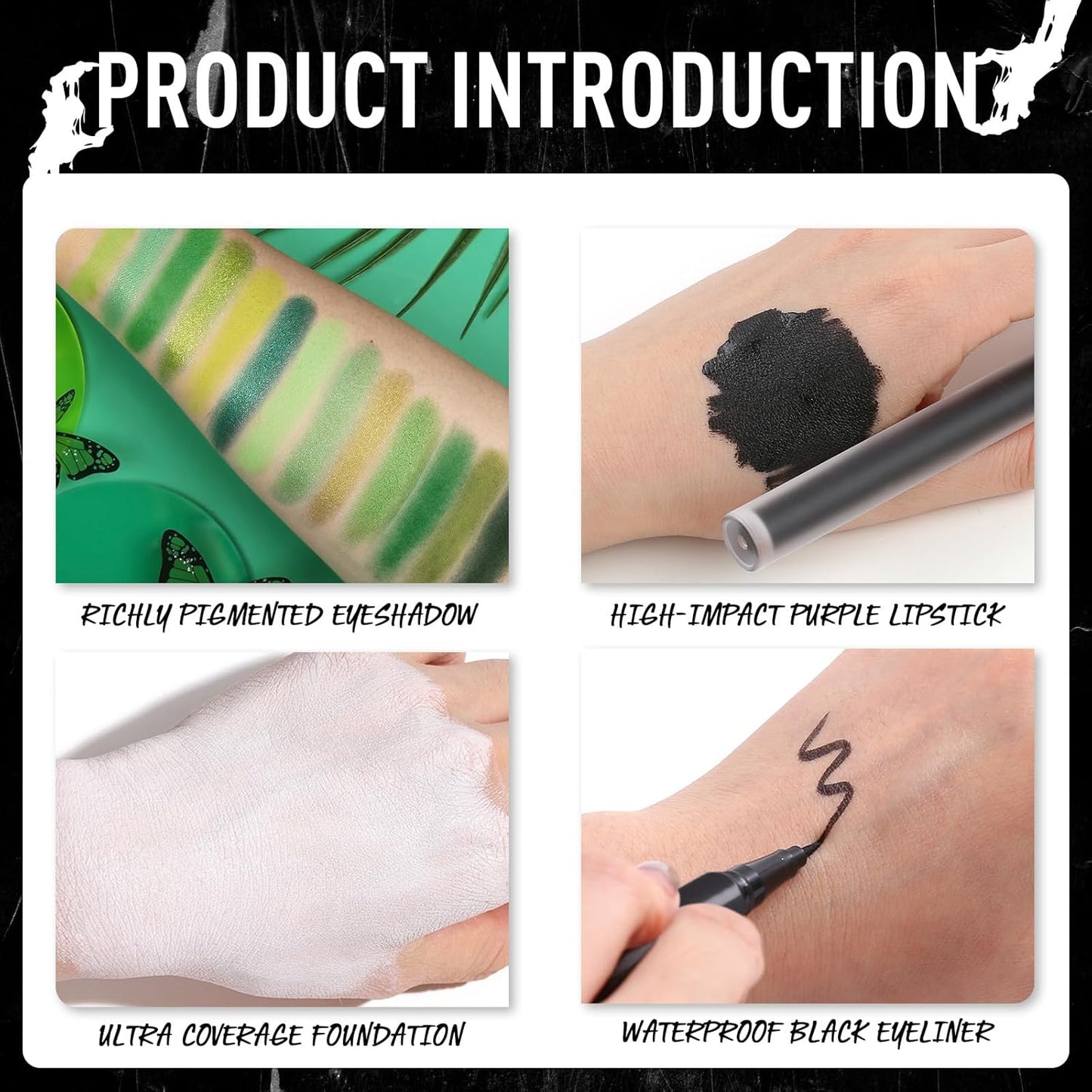 UCANBE Green Halloween Makeup Kit – Zombie Witch Beetle Juice Monster Makeup Set for SFX Costume Cosplay with Eyeshadow Palette, White Foundation, Black Lipstick,Eyeliner, Setting Powder & Sponges