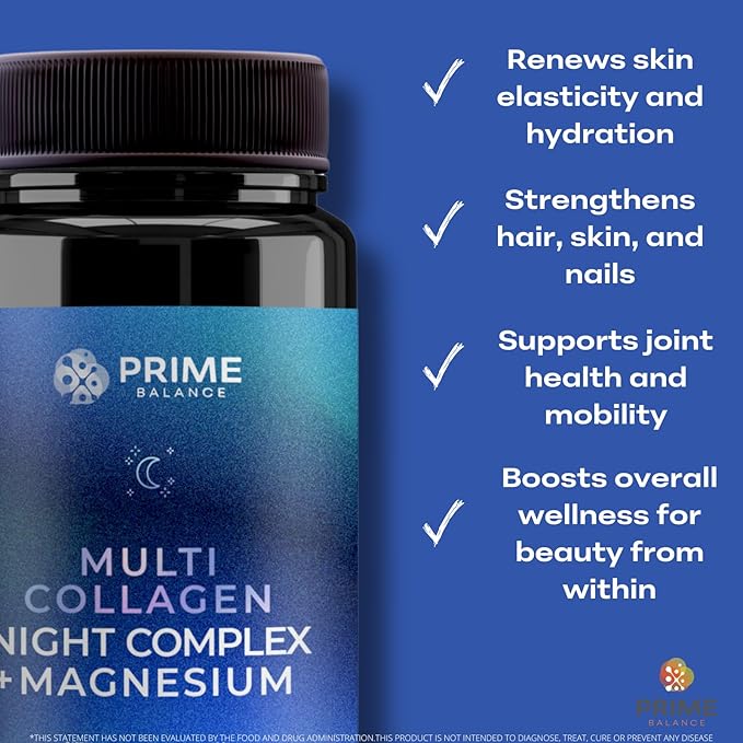 Prime Balance Hydrolyzed Multi-Collagen Night Complex – 2-Month Supply – Peptide-Enhanced for Sleep, Skin & Joint Support – All-Natural Formula